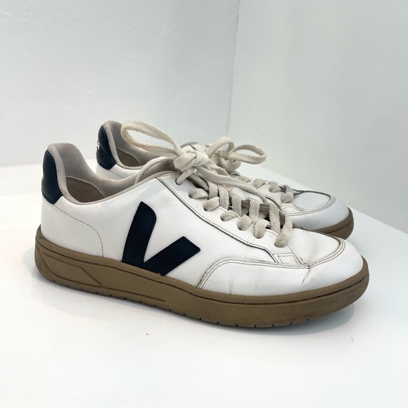 Veja V-12 White and Black Leather Dune Tie Lace Up Court Shoes Sneakers Size 7 - Picture 4 of 11